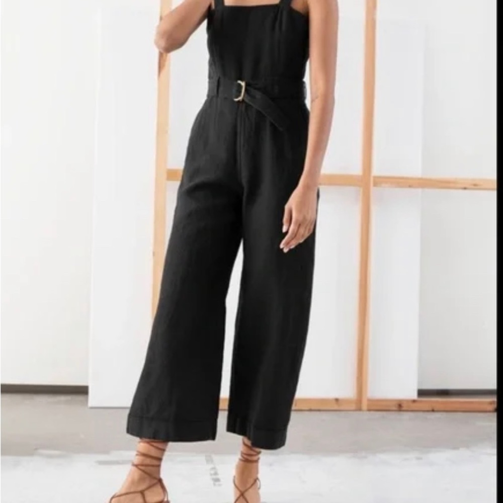 & Other Stories Size 10 Black Linen Tortoise-Shell Belted Jumpsuit